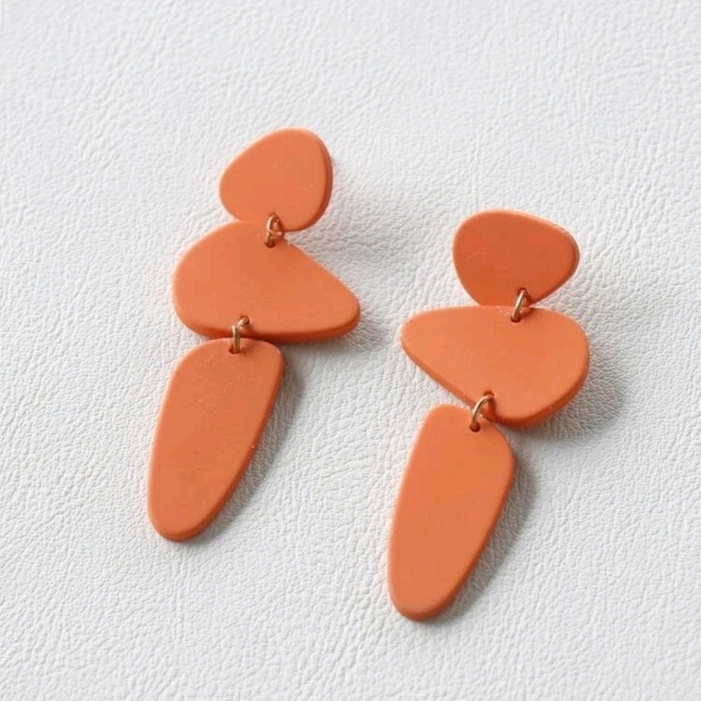 Retro 80s Style Abstract Geometric Drop Dangle Earrings Orange Terracotta Boho